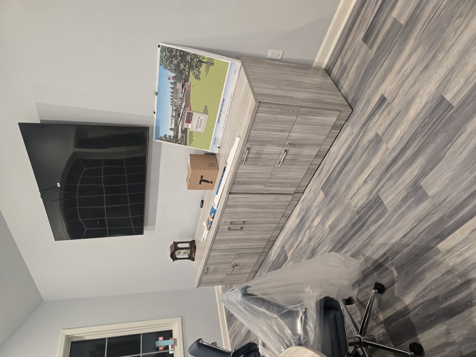 Office desk with chair and supplies