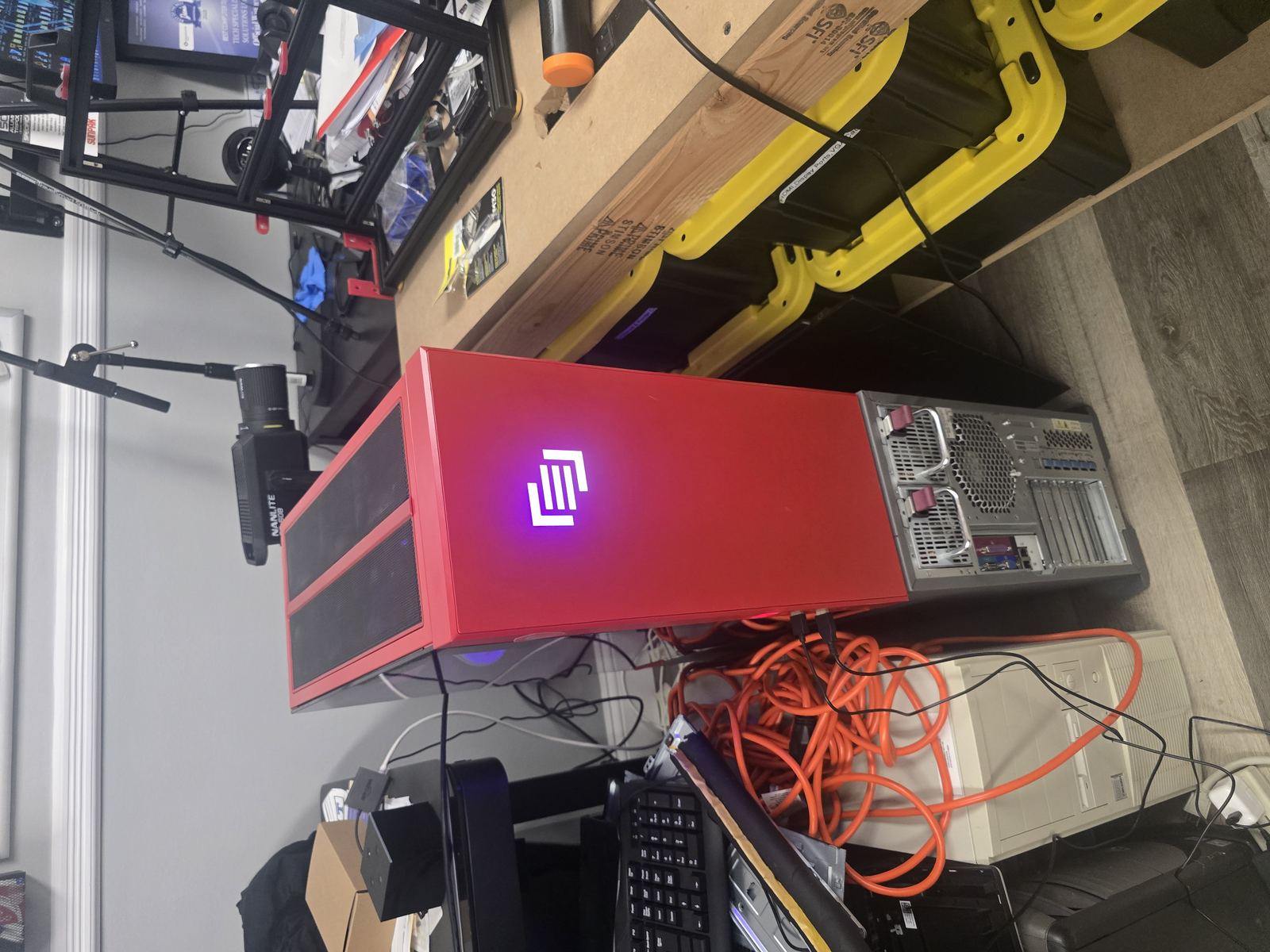 Custom red gaming PC build with RGB lighting